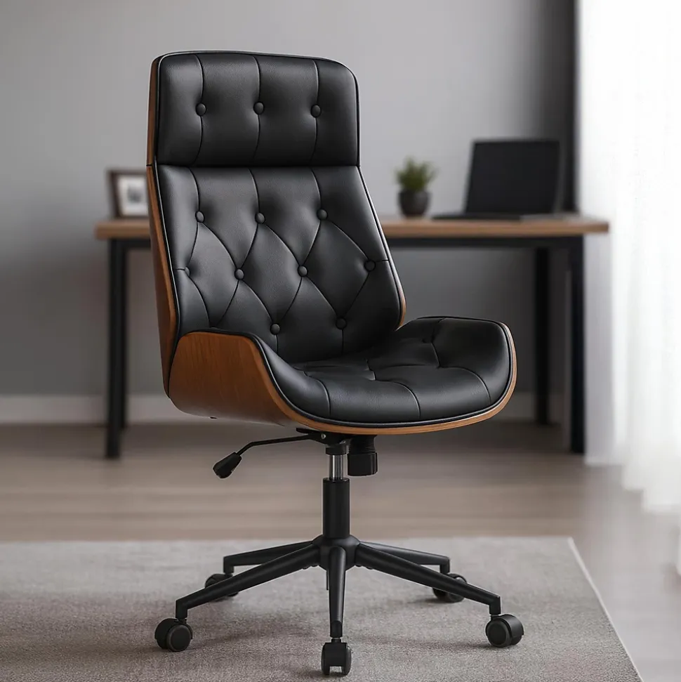 Chaise de bureau ergonomique Martil, aspect Chesterfield, pivotante, réglable en hauteur, bois courbé stratifié Noir