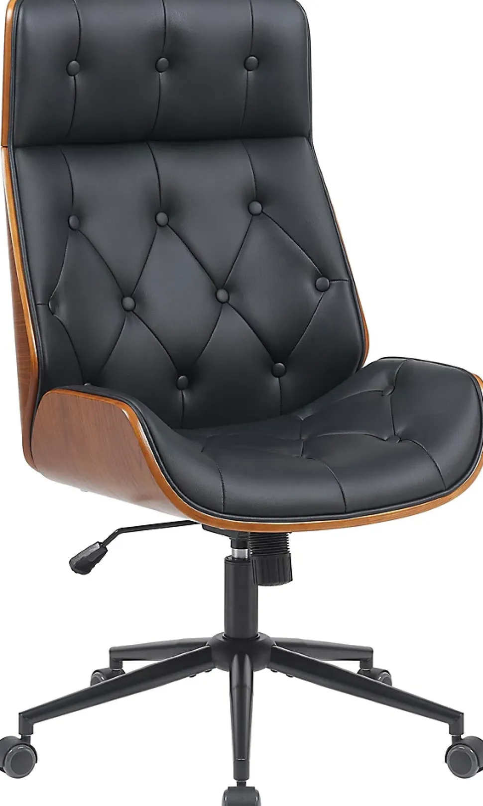 Chaise de bureau ergonomique Martil, aspect Chesterfield, pivotante, réglable en hauteur, bois courbé stratifié Noir