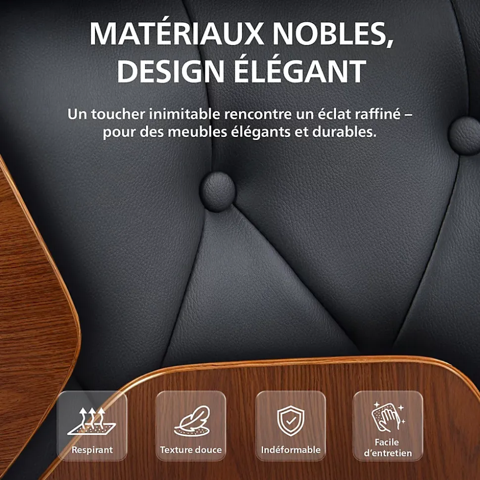 Chaise de bureau ergonomique Martil, aspect Chesterfield, pivotante, réglable en hauteur, bois courbé stratifié Noir