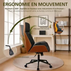 Chaise de bureau ergonomique Martil, aspect Chesterfield, pivotante, réglable en hauteur, bois courbé stratifié Noir