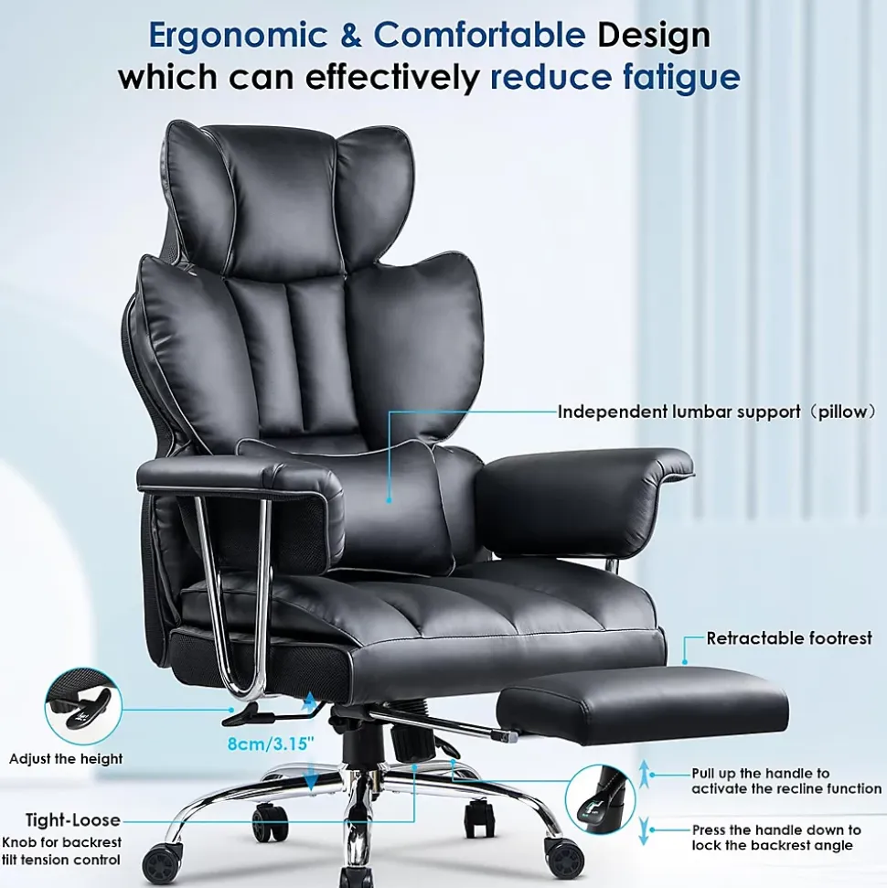 Chaise De Bureau Ergonomique Haute Dossier En Cuir Pivotante Avec Repose-pieds
