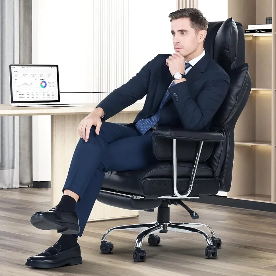 Chaise De Bureau Ergonomique Haute Dossier En Cuir Pivotante Avec Repose-pieds
