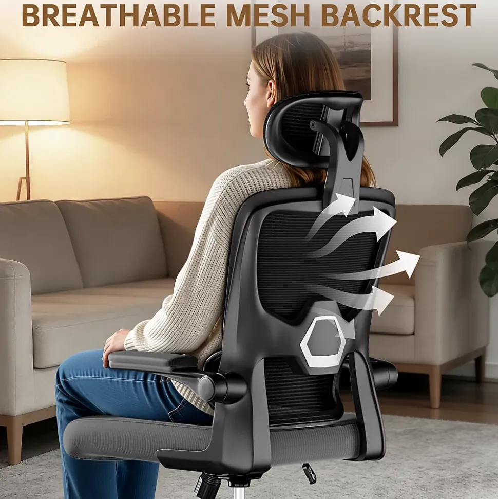 Chaise de Bureau Ergonomique avec Accoudoirs Pliables, Hauteur Réglable, Dossier Respirant