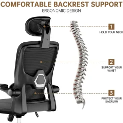 Chaise de Bureau Ergonomique avec Accoudoirs Pliables, Hauteur Réglable, Dossier Respirant