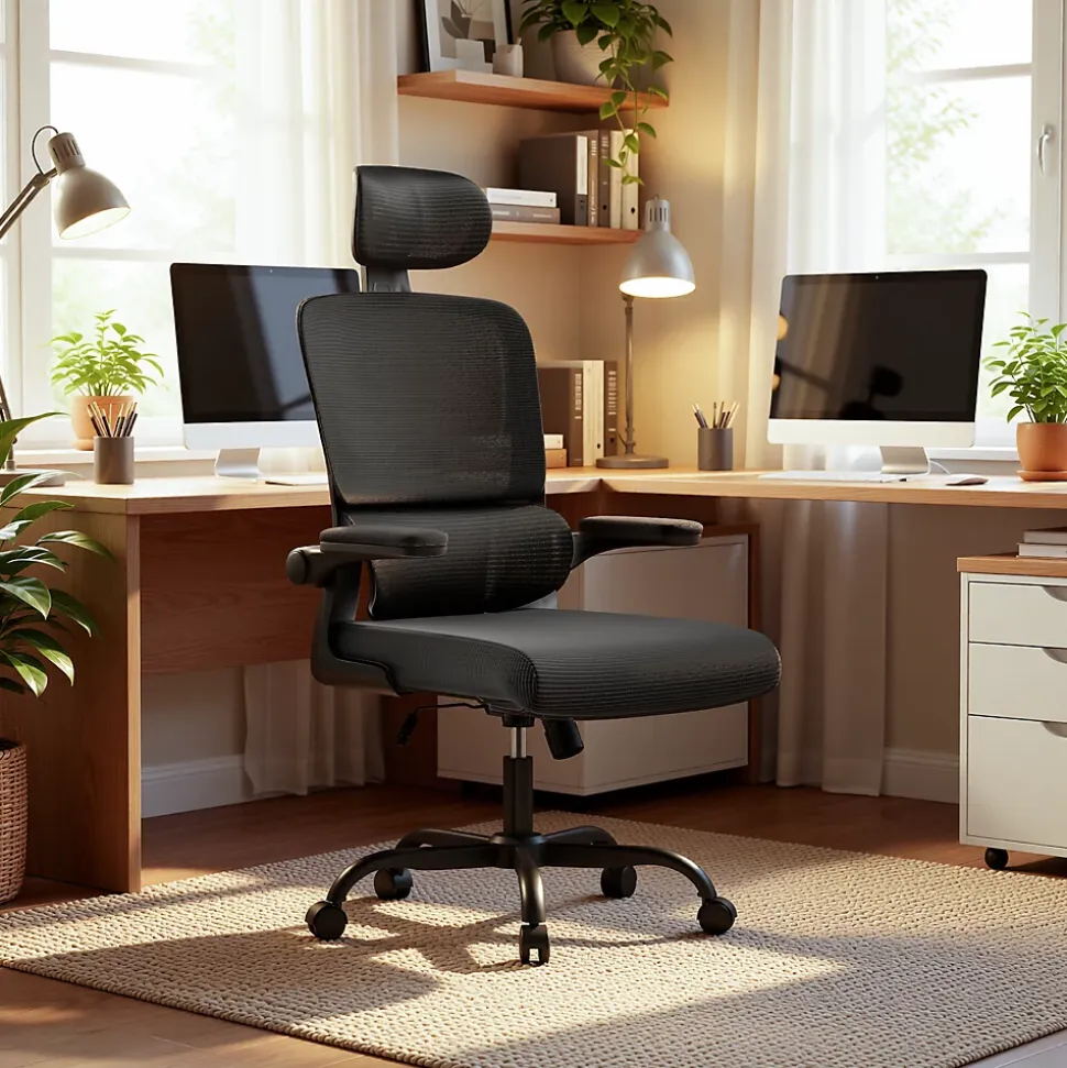 Chaise de Bureau Ergonomique avec Accoudoirs Pliables, Hauteur Réglable, Dossier Respirant
