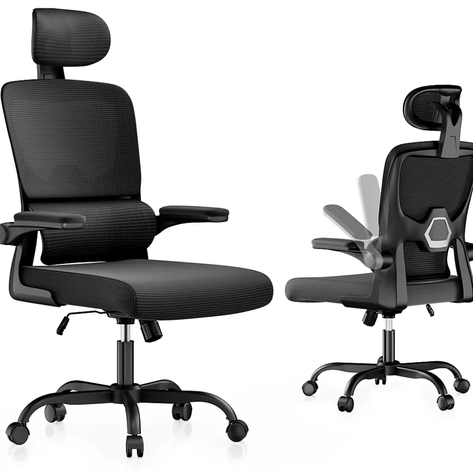 Chaise de Bureau Ergonomique avec Accoudoirs Pliables, Hauteur Réglable, Dossier Respirant