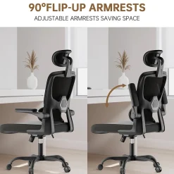 Chaise de Bureau Ergonomique avec Accoudoirs Pliables, Hauteur Réglable, Dossier Respirant
