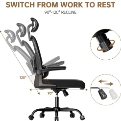 Chaise de Bureau Ergonomique avec Accoudoirs Pliables, Hauteur Réglable, Dossier Respirant