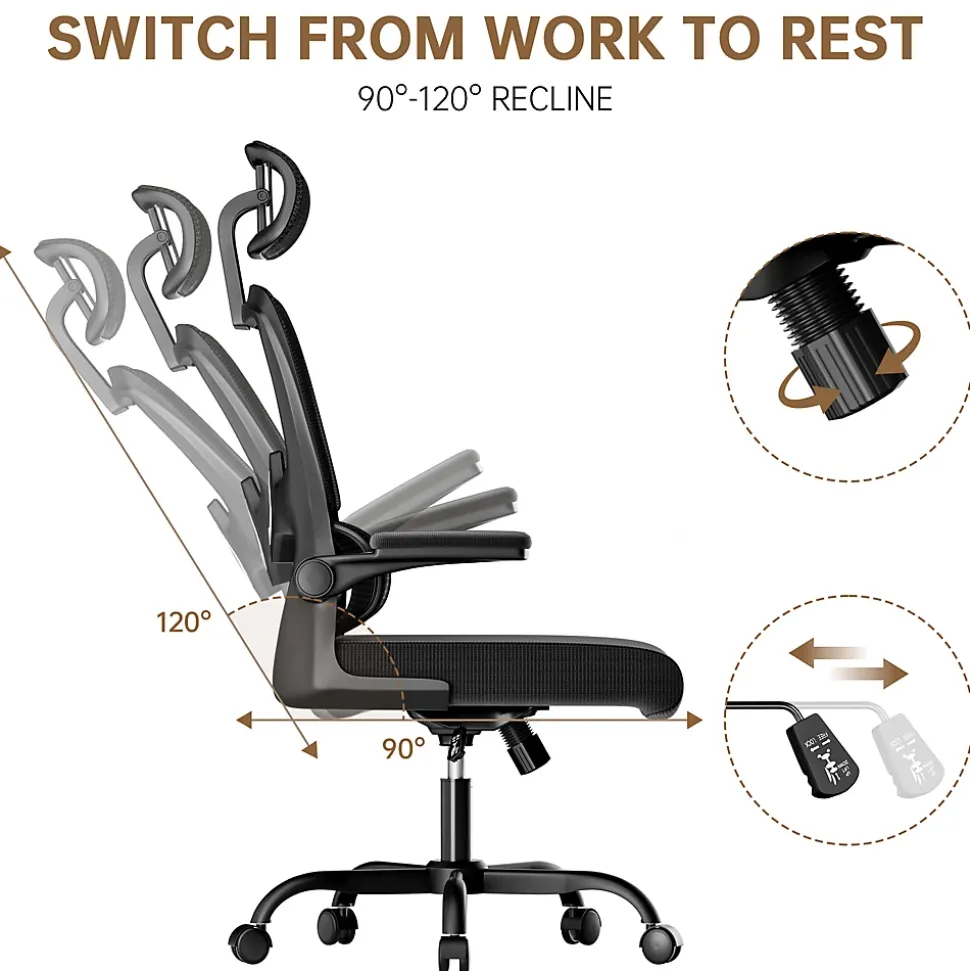 Chaise de Bureau Ergonomique avec Accoudoirs Pliables, Hauteur Réglable, Dossier Respirant