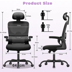 Chaise de Bureau Ergonomique avec Accoudoirs Pliables, Hauteur Réglable, Dossier Respirant