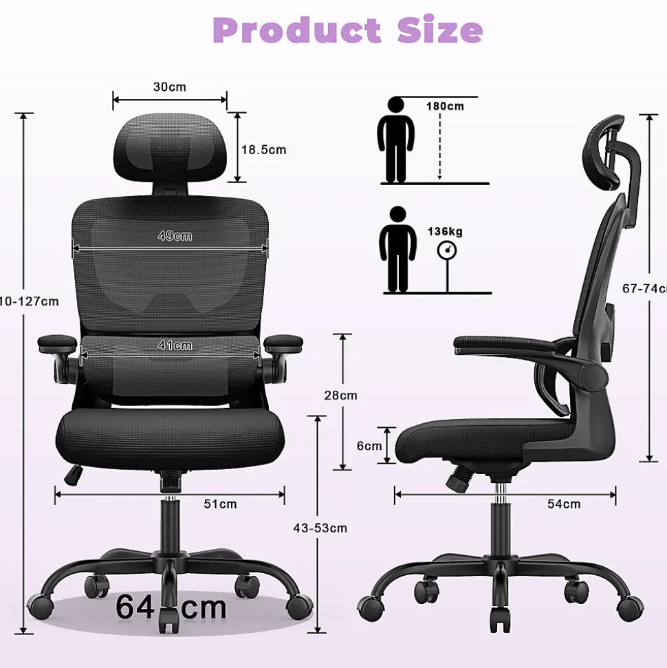 Chaise de Bureau Ergonomique avec Accoudoirs Pliables, Hauteur Réglable, Dossier Respirant