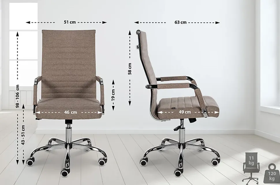 Chaise de bureau ergonomique Amadora, réglable en hauteur, pivotante 360 degrés, similicuir ou tissu. Taupe/Tissu
