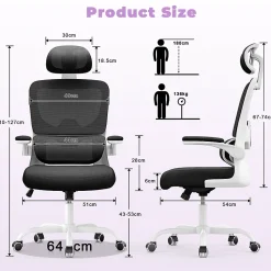 Chaise de Bureau Ergonomique avec Accoudoirs Pliables, Hauteur Réglable, Dossier Respirant