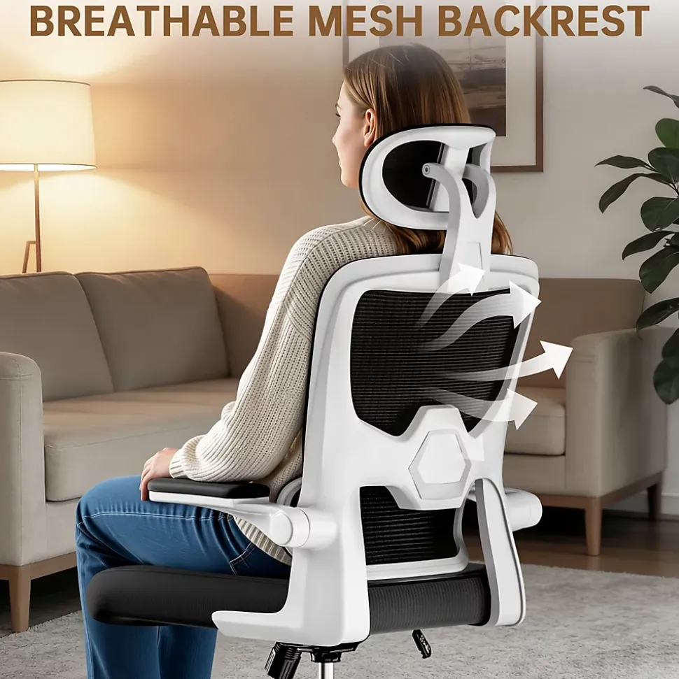 Chaise de Bureau Ergonomique avec Accoudoirs Pliables, Hauteur Réglable, Dossier Respirant