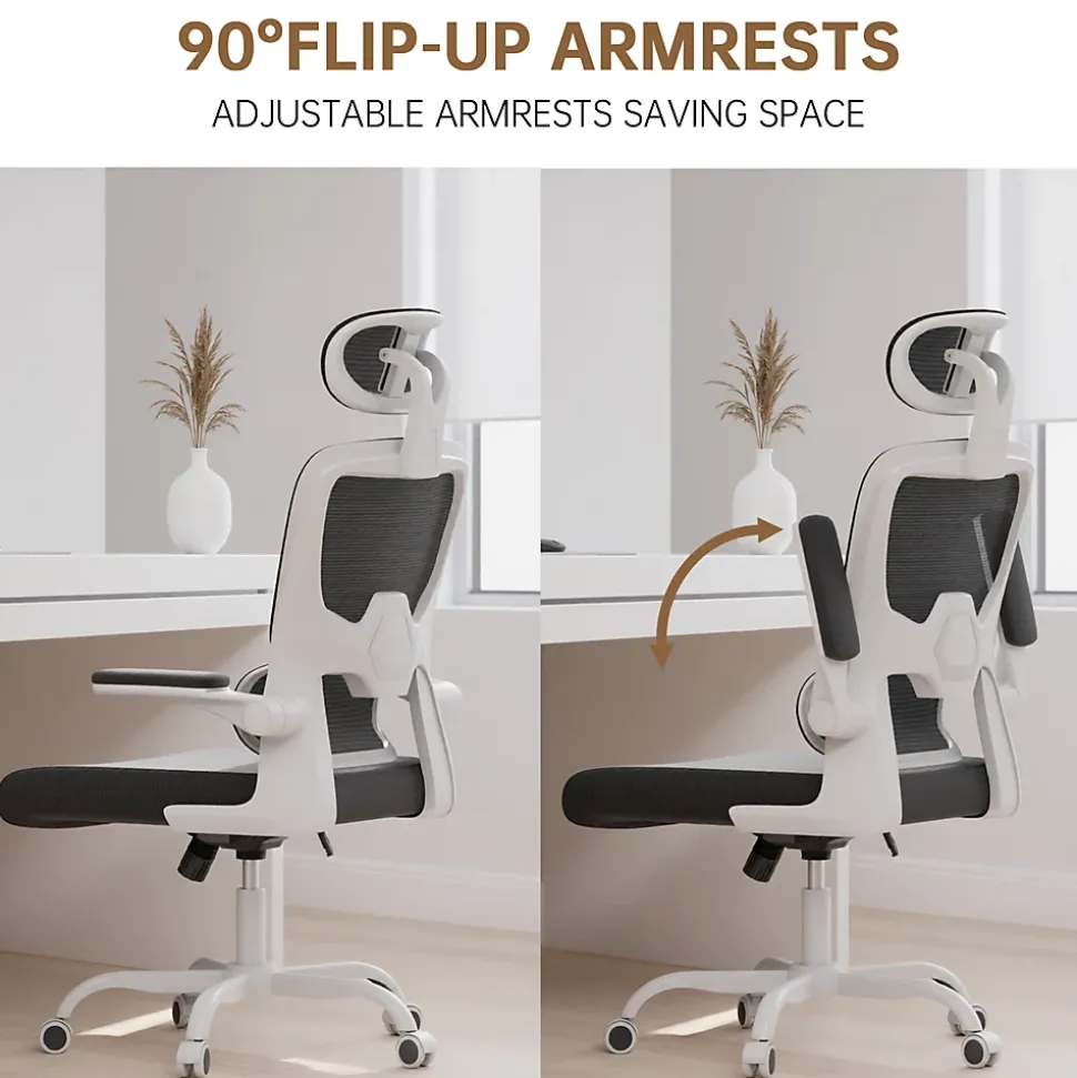 Chaise de Bureau Ergonomique avec Accoudoirs Pliables, Hauteur Réglable, Dossier Respirant