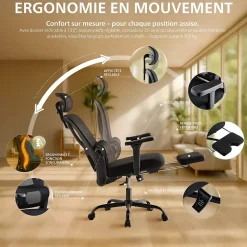 Chaise de bureau ergonomique avec repose-pieds Mankato, accoudoirs 3D, soutien lombaire, appui-tête, supporte jusqu'à 150 kg Noir