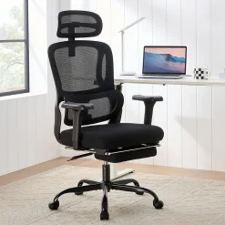 Chaise de bureau ergonomique avec repose-pieds Mankato, accoudoirs 3D, soutien lombaire, appui-tête, supporte jusqu'à 150 kg Noir
