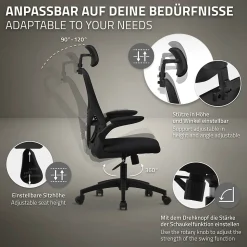 Chaise de Bureau Ergonomique, Noire, en Maille, Appui-Tête et Accoudoirs Réglables