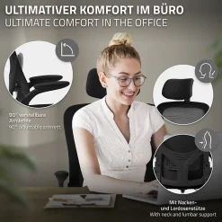 Chaise de Bureau Ergonomique, Noire, en Maille, Appui-Tête et Accoudoirs Réglables