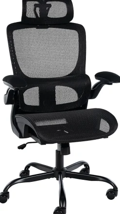 Chaise de bureau ergonomique, Kaylee réglable hauteur appui-tête, pivotante avec soutien lombaire réglable jusqu'à 150 kg. Noir