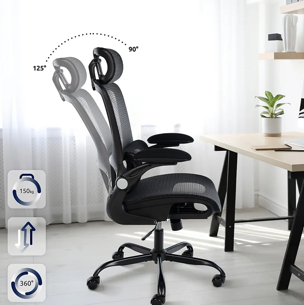 Chaise de bureau ergonomique, Kaylee réglable hauteur appui-tête, pivotante avec soutien lombaire réglable jusqu'à 150 kg. Noir