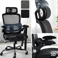 Chaise de bureau ergonomique, Kaylee réglable hauteur appui-tête, pivotante avec soutien lombaire réglable jusqu'à 150 kg. Noir