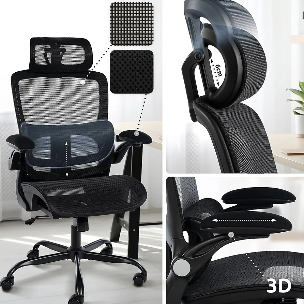 Chaise de bureau ergonomique, Kaylee réglable hauteur appui-tête, pivotante avec soutien lombaire réglable jusqu'à 150 kg. Noir