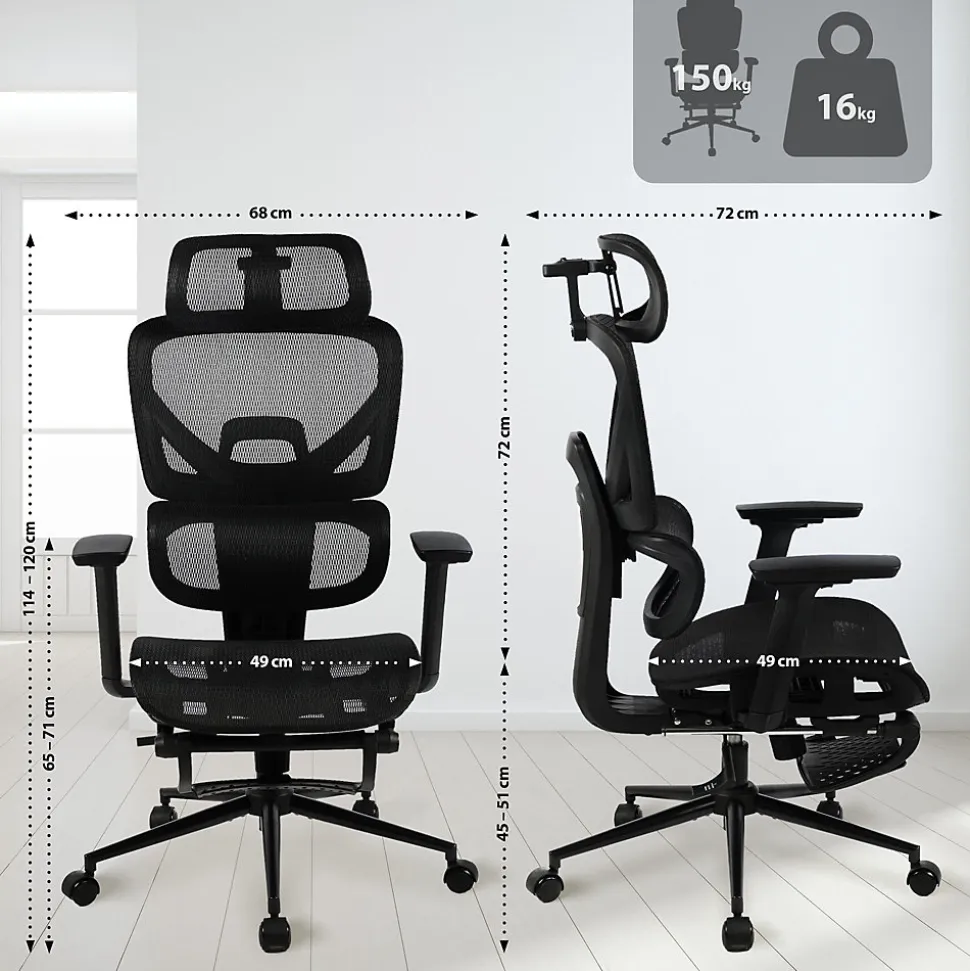 Chaise de bureau ergonomique Beresford, soutien lombaire, repose-pieds, housse maille respirante, siège pivotant Noir