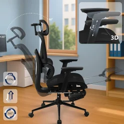 Chaise de bureau ergonomique Beresford, soutien lombaire, repose-pieds, housse maille respirante, siège pivotant Noir