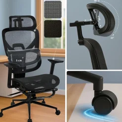 Chaise de bureau ergonomique Beresford, soutien lombaire, repose-pieds, housse maille respirante, siège pivotant Noir