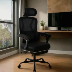 Chaise de bureau ergonomique Liberton avec repose-pieds appui-tête ajustable pivotante dossier en maille en S Noir