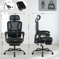 Chaise de bureau ergonomique Liberton avec repose-pieds appui-tête ajustable pivotante dossier en maille en S Noir