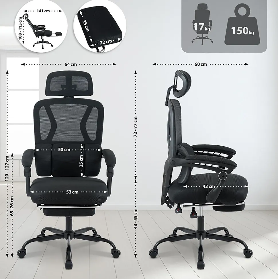 Chaise de bureau ergonomique Liberton avec repose-pieds appui-tête ajustable pivotante dossier en maille en S Noir