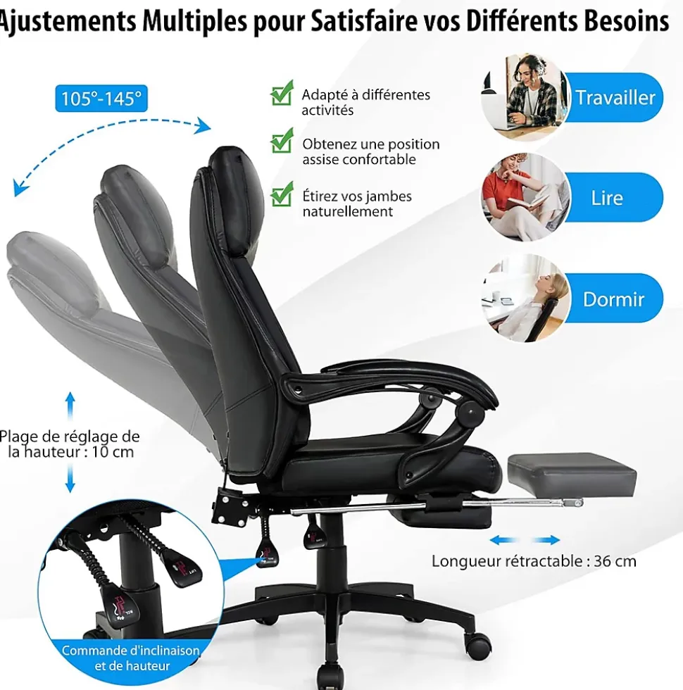 Chaise de Bureau Fauteuil de Bureau Ergonomique pour Ordinateur Dossier Haut Capacité portante 150 kg Réglable de 105 à 145 Degrés