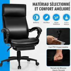 Chaise de Bureau Fauteuil de Bureau Ergonomique pour Ordinateur Dossier Haut Capacité portante 150 kg Réglable de 105 à 145 Degrés