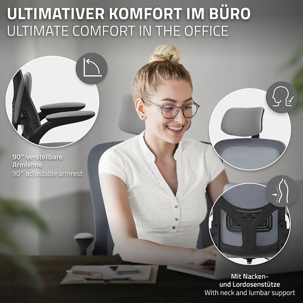 Chaise de bureau gaming ergonomique gris pivotant en maille appui-tête réglable