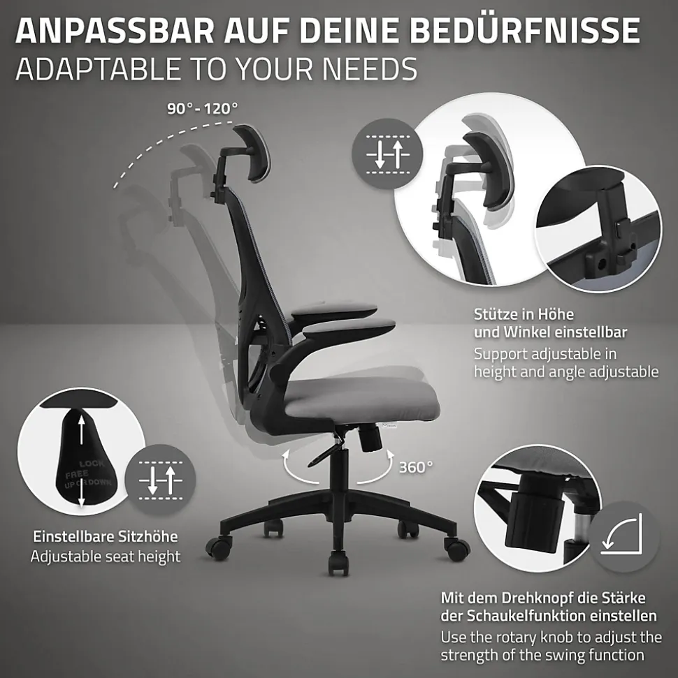 Chaise de bureau gaming ergonomique gris pivotant en maille appui-tête réglable