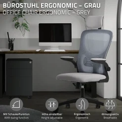 Chaise de bureau gaming ergonomique gris pivotant en maille appui-tête réglable