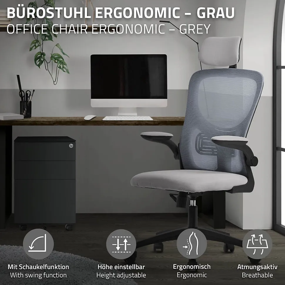 Chaise de bureau gaming ergonomique gris pivotant en maille appui-tête réglable