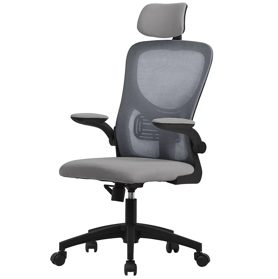 Chaise de bureau gaming ergonomique gris pivotant en maille appui-tête réglable