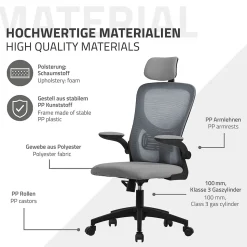 Chaise de bureau gaming ergonomique gris pivotant en maille appui-tête réglable