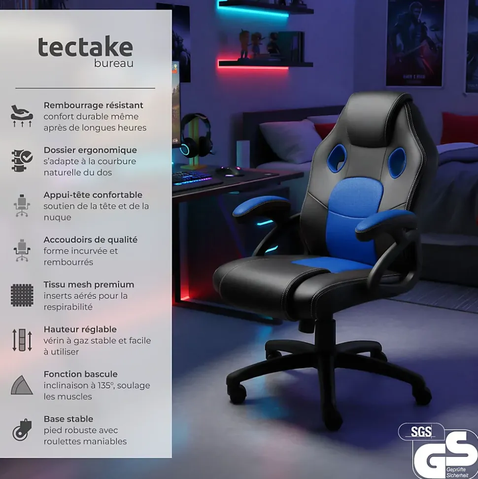 Chaise de bureau gaming Forme ergonomique noir et bleu