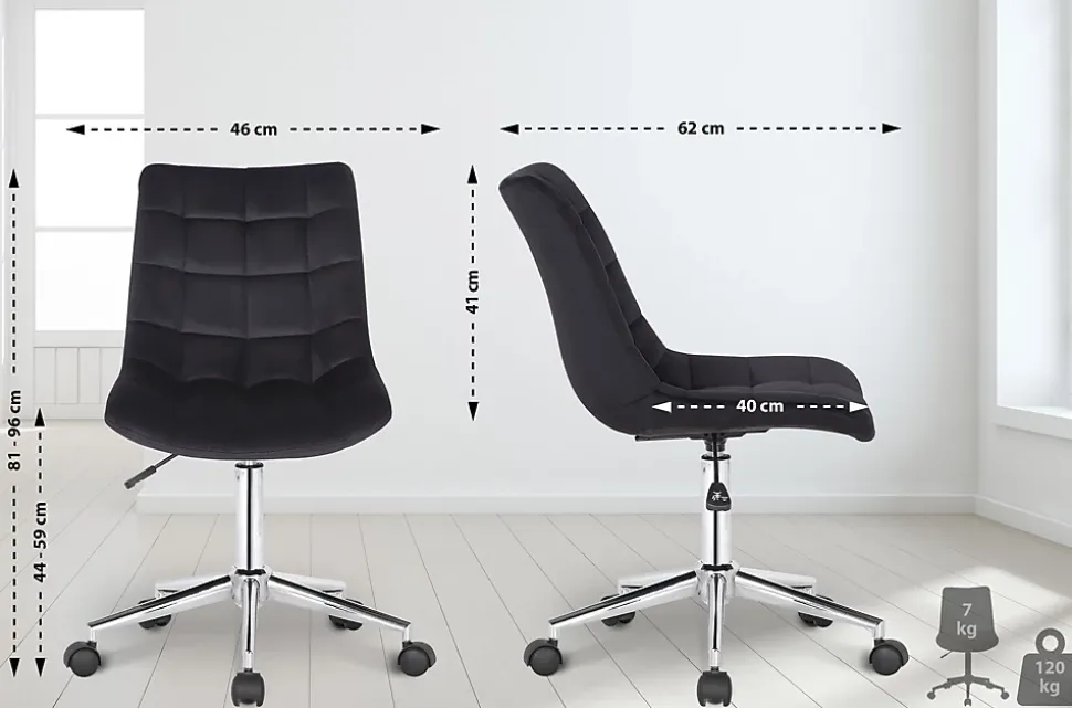 Chaise De Bureau Medford En Velours, Siège Rembourré Matelassé, Pied En Métal, Hauteur Ajustable Noir