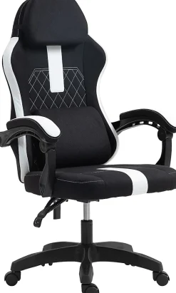 Chaise de bureau Miltona tissu, ergonomique, gaming, réglable hauteur, avec appuie-tête, rembourrage lombaire Noir/Blanc