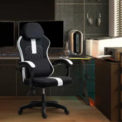 Chaise de bureau Miltona tissu, ergonomique, gaming, réglable hauteur, avec appuie-tête, rembourrage lombaire Noir/Blanc
