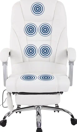 Chaise de bureau Pacific cuir véritable, Fonction massage, Réglable en hauteur, Repose-pieds Blanc