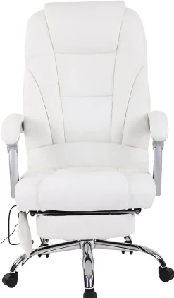 Chaise de bureau Pacific cuir véritable, Fonction massage, Réglable en hauteur, Repose-pieds Blanc