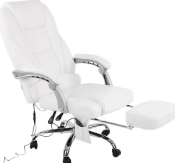Chaise de bureau Pacific cuir véritable, Fonction massage, Réglable en hauteur, Repose-pieds Blanc