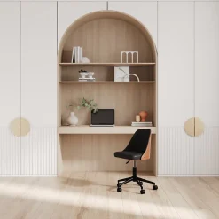 Chaise de bureau pivotante sur roulettes en bois foncé et PU noir - Georges