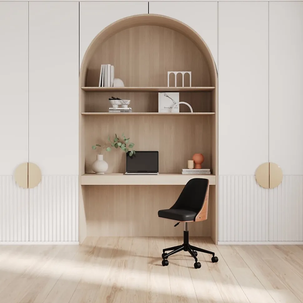 Chaise de bureau pivotante sur roulettes en bois foncé et PU noir - Georges